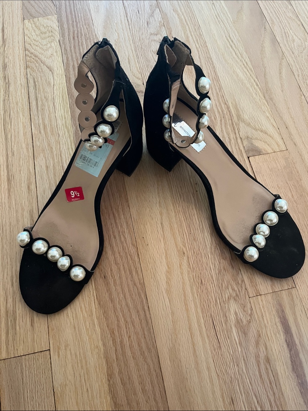 Inc Women’s Black suede Pearl-Trim Block Heel Sandals